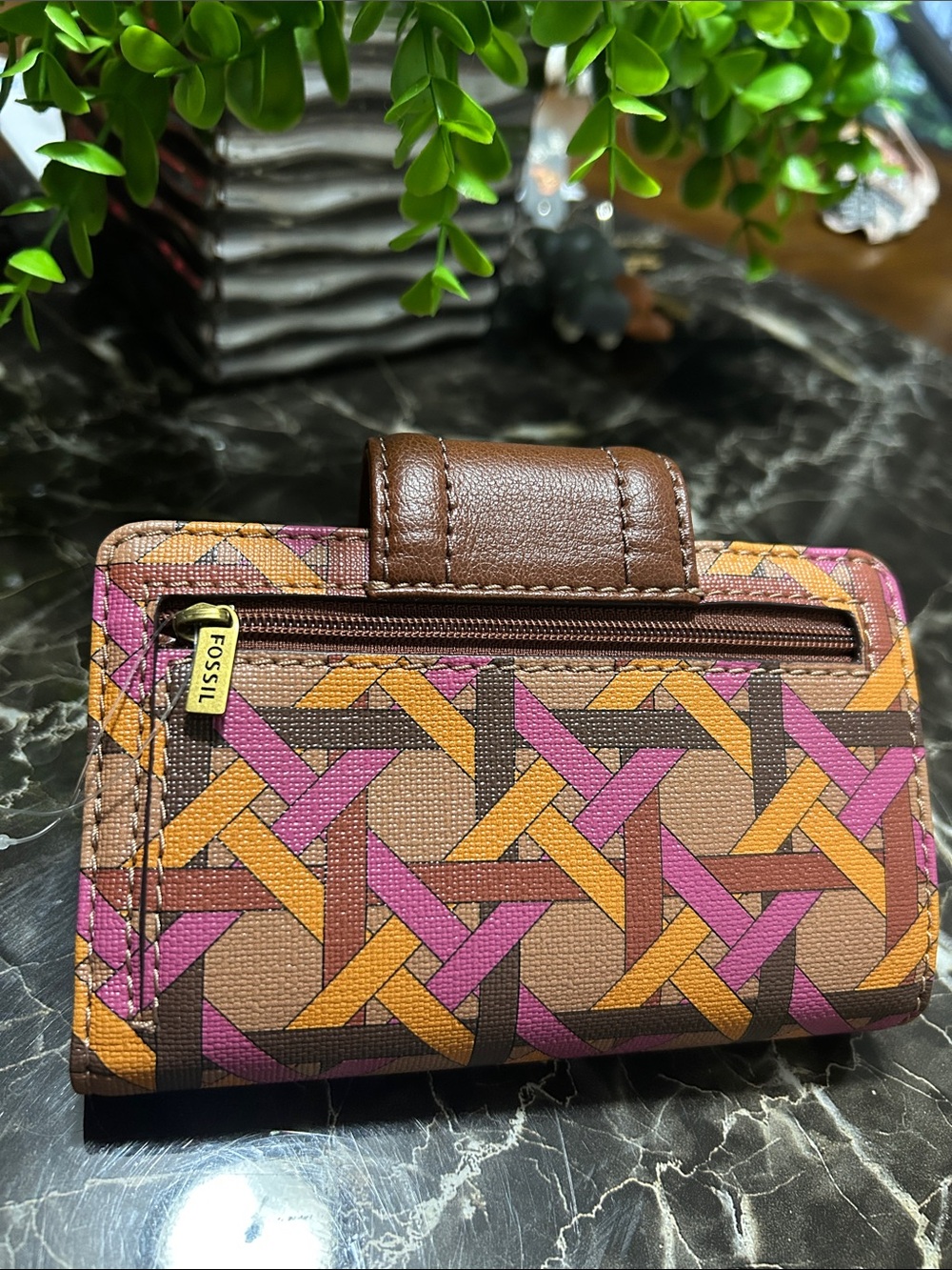 Fossil Brown Wallet with Pink & Orange Geometric Pattern - Picture 6 of 6